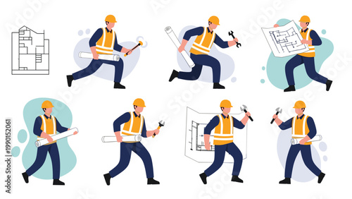 Construction workers in safety gear carry blueprints and tools while moving actively on a white background scene.