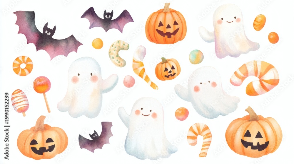 Obraz premium Watercolor halloween stickers: ghosts, pumpkins, bats, mummy, owl, black cat, spooky figures on white background
