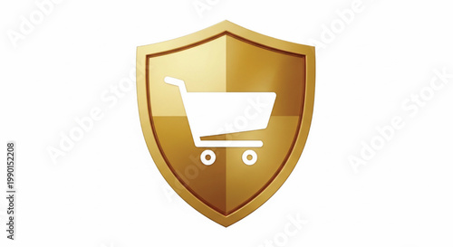 Shopping cart icon inside a gold shield emblem with protection concept for secure e-commerce design featuring ecommerce, cybersecurity, trust with