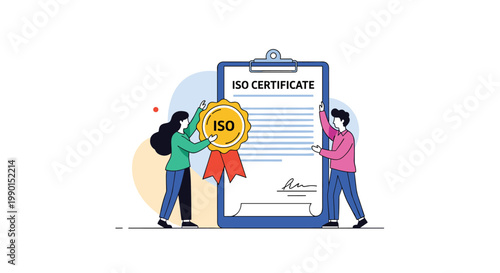Quality standards and certification concept showing male and female characters holding an ISO medal next to a large clipboard.