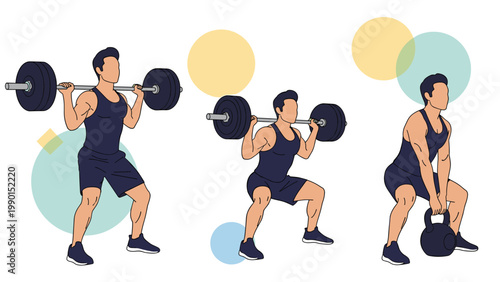 Strong man in athletic wear performs various weightlifting exercises using a barbell and a heavy kettlebell weight.
