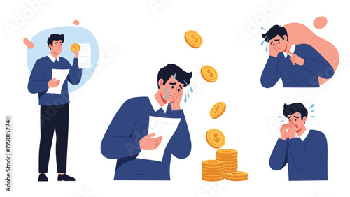 Stressed man experiences financial pressure from bills and debt, illustrated with falling coins and worried faces.