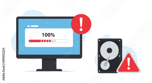 Computer storage full and technical error warning showing monitor with loading bar and warning exclamation mark icons.