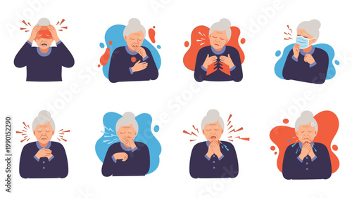 Elderly woman is illustrated experiencing several health symptoms like coughing, headaches, and chest pain.