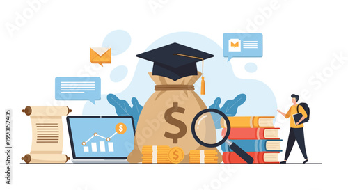 Cost of education and financial investment concept showing student walking past a giant money bag wearing a mortarboard.