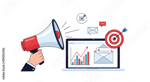 Digital promotion and outreach strategy showing megaphone being held by hand towards a laptop displaying analytics and mail.