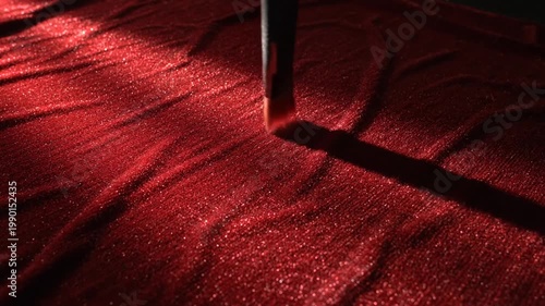 Close-up of a makeup brush applying red glitter eyeshadow, creating a sparkling textured surface, festive cosmetic application, beauty and glamour