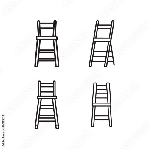 Four black line art illustrations of wooden folding chairs in different positions  isolated on white background