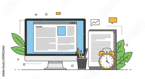 Content writing and deadline management showing computer screen with articles next to stack of papers, alarm clock, and pencils.