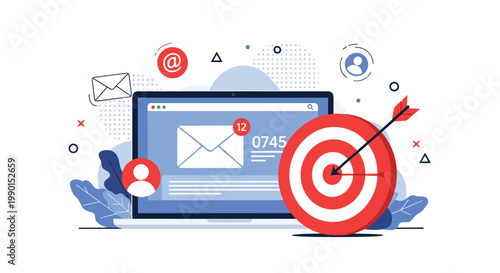 Email marketing and targeted advertising concept showing computer screen with mail icon next to a large red archery target.
