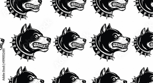 Shark head tattoo style seamless pattern with roaring grin, spiky collar, and monochrome graphic outline