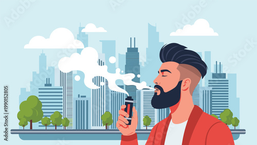 Bearded man with a modern hairstyle inhales from a vape device while standing in front of a blue city skyline.