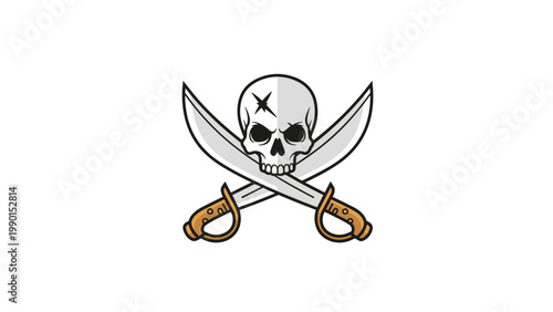 Mean looking pirate skull with a scar on its forehead is positioned over two crossed pirate swords with golden hilts.