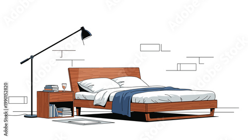 Simple modern bedroom features a wooden bed with white pillows and a blue blanket next to a wooden nightstand and lamp.