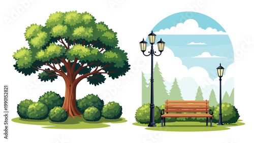 Beautiful park scene features a large green tree with bushes on the left and a wooden bench with street lamps on the right.