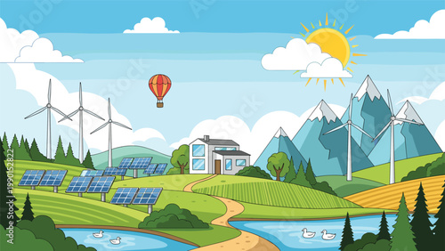 Extensive green landscape features solar panels and wind turbines alongside a modern house and mountains under a bright sun.