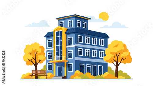 Modern blue office building stands in a bright autumn landscape with yellow trees and a warm sun shining in the clear sky.