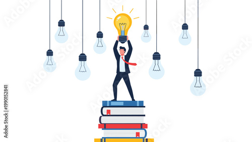 Successful businessman stands on top of stacked books while holding a glowing lightbulb representing knowledge and creativity.
