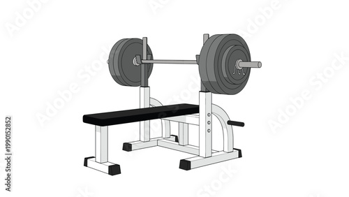 Heavy barbell rests on a professional bench press station inside a gym ready for a strength training bodybuilding workout.