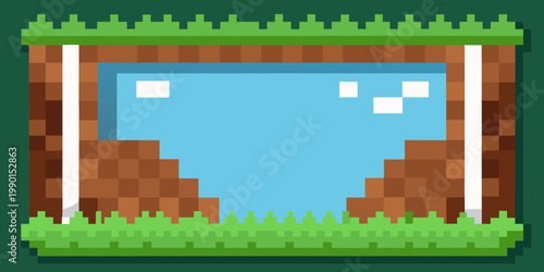 Retro game environment frame with water pool and grassy block terrain