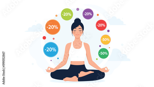 Peaceful woman meditates in lotus pose while surrounded by various percentage discount bubbles for a wellness sale concept.