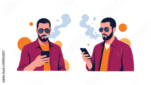 Bearded man wearing sunglasses and a maroon shirt is shown in two profile views while using a smartphone and vaping.