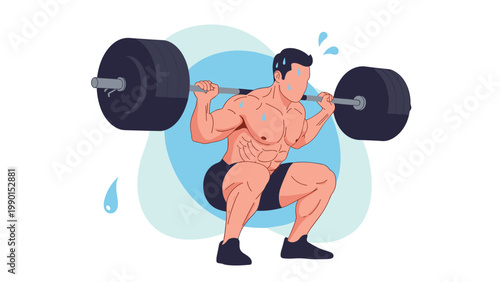 Strong bodybuilder sweats while performing a heavy barbell back squat as part of a high intensity leg workout routine.