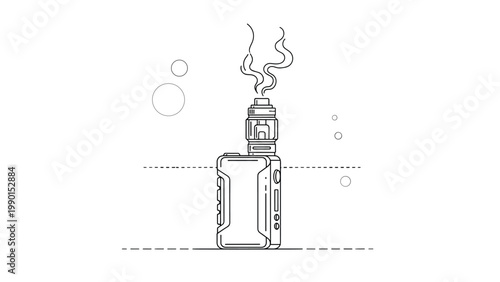 Minimalist line art illustration of a professional vape mod kit emitting smoke clouds against a clean white background.
