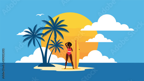 Young woman in a pink swimsuit stands with her surfboard on a sunny tropical beach with palm trees and a large sun.