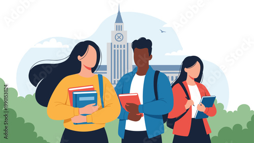 Group of diverse college students standing proudly in front of a university campus building while carrying books and preparing for their classes.