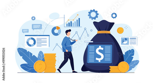 Financial management and wealth accumulation concept showing a professional man walking next to a large money bag with business charts.