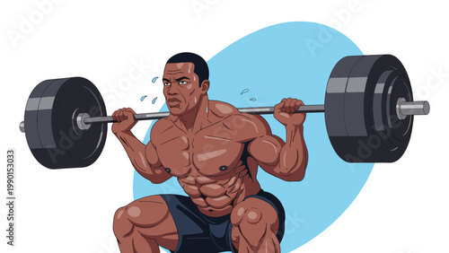 Muscular african american athlete performs heavy squats with a weighted barbell, demonstrating strength and endurance in a fitness center environment.
