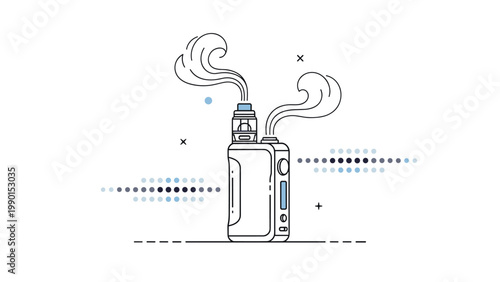 Modern electronic cigarette mod device is shown as a clean line art illustration with stylized vapor clouds and dots.