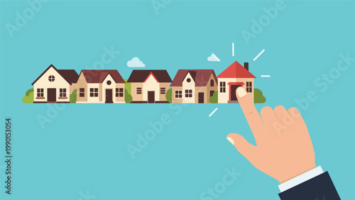 Human hand choosing a specific house with a red roof from a row of suburban homes, representing real estate selection and property investment.