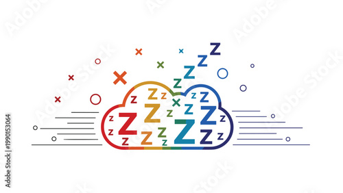 Colorful cloud illustration filled with sleeping z symbols and geometric patterns, representing dreams, rest, and the concept of a deep sleep.