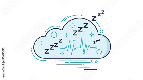 Concept of sleep tracking technology represented by a cloud containing zzz symbols and a heart rate pulse line against a white background.