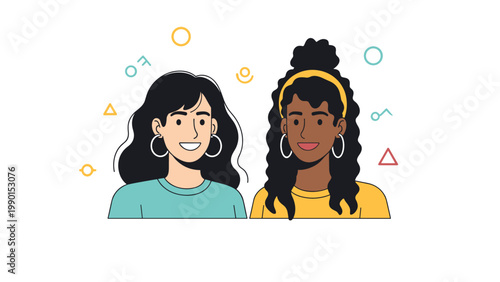 Two diverse young women smiling cheerfully together against a background of colorful geometric shapes, representing friendship and positivity.