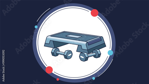 Fitness step platform and two hex dumbbells arranged within a circular frame, representing home fitness equipment and workout routines.