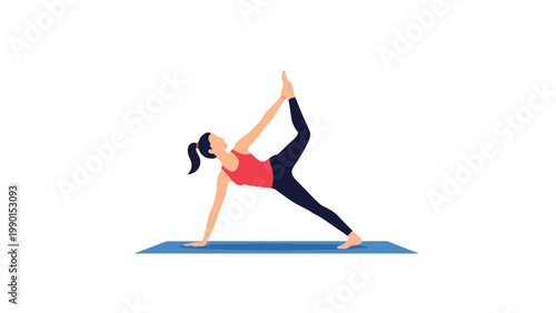 Athletic woman in a red top and dark leggings performing a challenging yoga balance pose on a blue mat, emphasizing strength and focus.