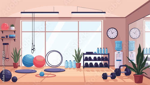 Spacious fitness studio interior equipped with yoga balls, dumbbells, water dispenser, and exercise mats provides a clean space for training.