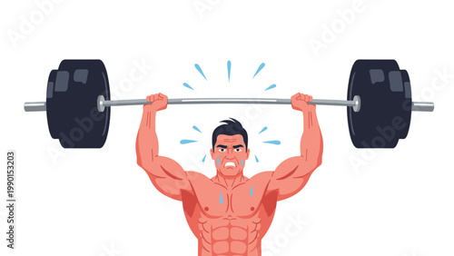 Muscular bodybuilder exerting intense effort while lifting a heavy barbell over his head as sweat droplets fly around him in a white space.
