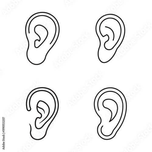 Four black line drawing human ear illustrations in different angles and positions  human ear anatomy  ear shapes