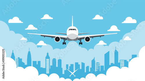 Commercial passenger airplane preparing for landing while flying low over a blue urban skyline and white clouds during a clear day.