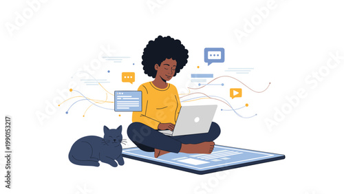 Young woman sitting cross-legged working on a laptop with her black cat by her side against a background of digital data streams.