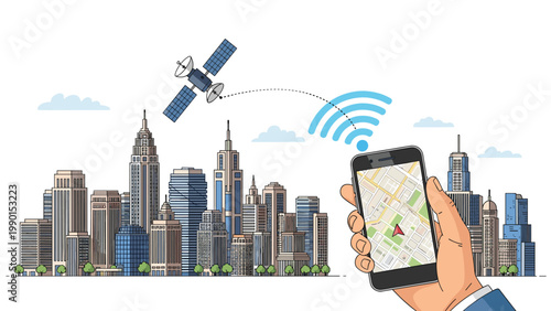 Hand holding a smartphone displaying a map application with GPS navigation signals connecting to a satellite above a detailed city skyline.
