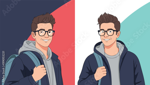 Side by side portraits of a young smiling man wearing glasses and a hoodie with a backpack shown against two different color backgrounds.