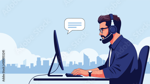 Professional male customer support agent wearing a headset works at a computer desk with a chat bubble icon and city background.
