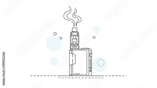 Minimalist outline illustration of an electronic cigarette or vape device with stylized vapor clouds rising from the top in a clean design.