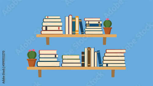 Two wooden bookshelves filled with various colorful books and small potted cactus plants set against a solid blue background.