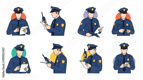 Set of police officers in dark blue uniforms are shown performing various duties like using a walkie-talkie and writing official reports on a notepad.